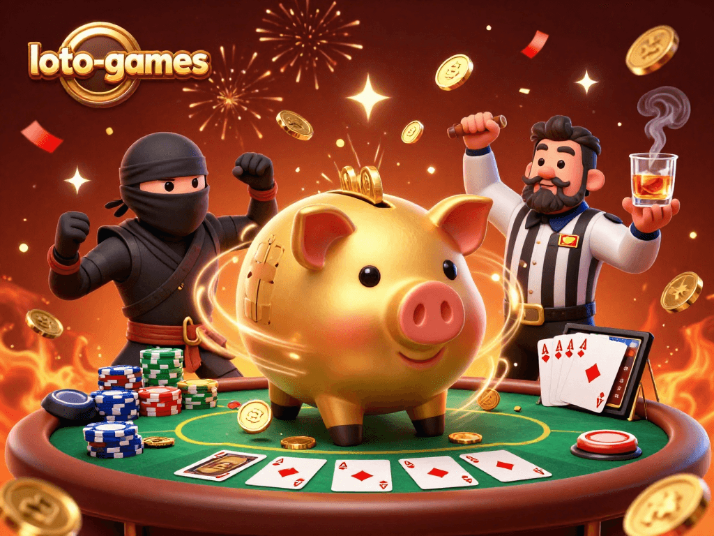 Loto-games showcases an exciting 3D illustration of a golden piggy bank sumo wrestler in a poker scene, celebrating winning moments.