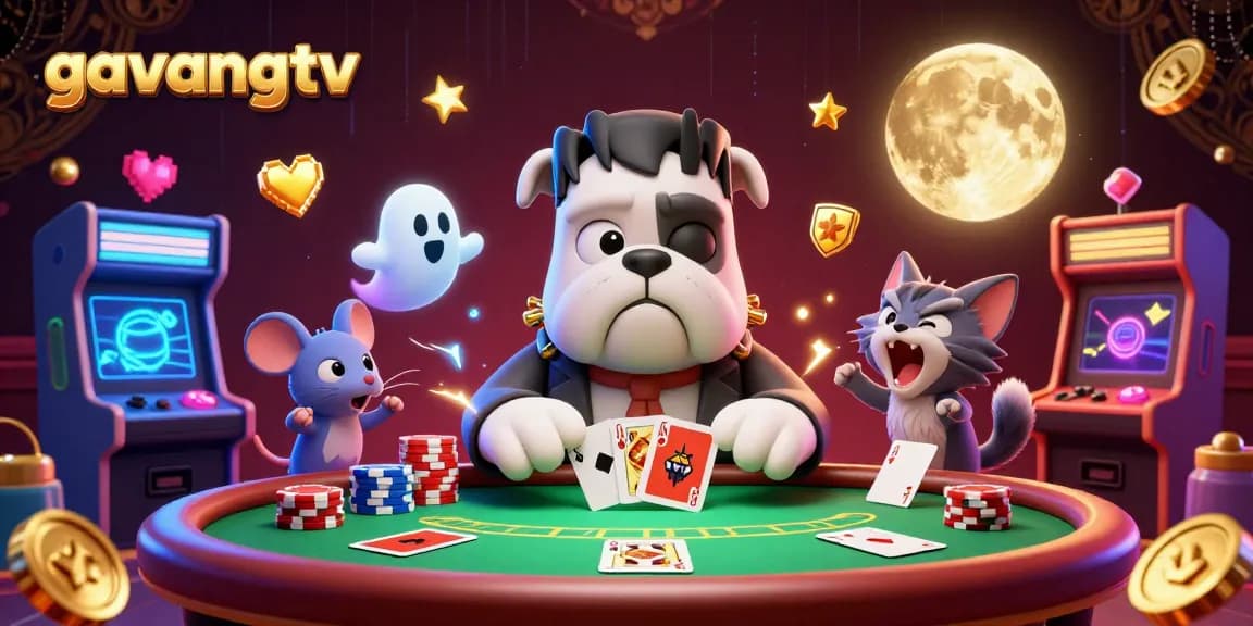 Engage with gavangtv's dynamic poker scene featuring a Frankenstein bulldog dealer and ghostly elements.