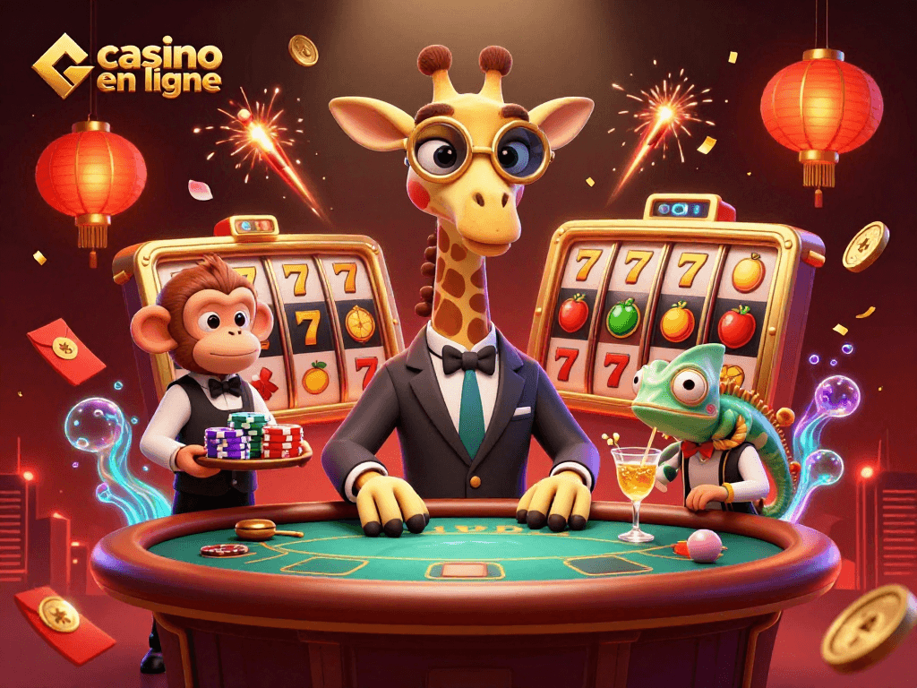 Jouez au casino en ligne et gagnez avec le giraffe haute en couleurs dans une scène effervescente.