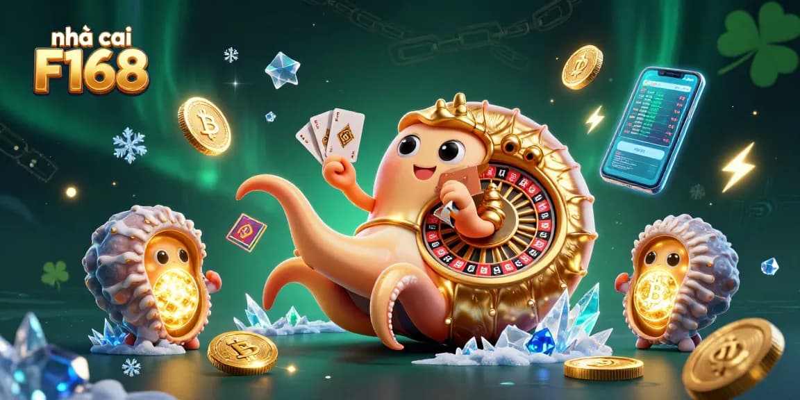 Join the excitement at nhà cái F168 with a vibrant casino-themed 3D illustration featuring cryptocurrency elements.