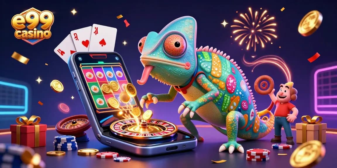 Play exciting games at e99 casino with dynamic visuals and a colorful chameleon owner.