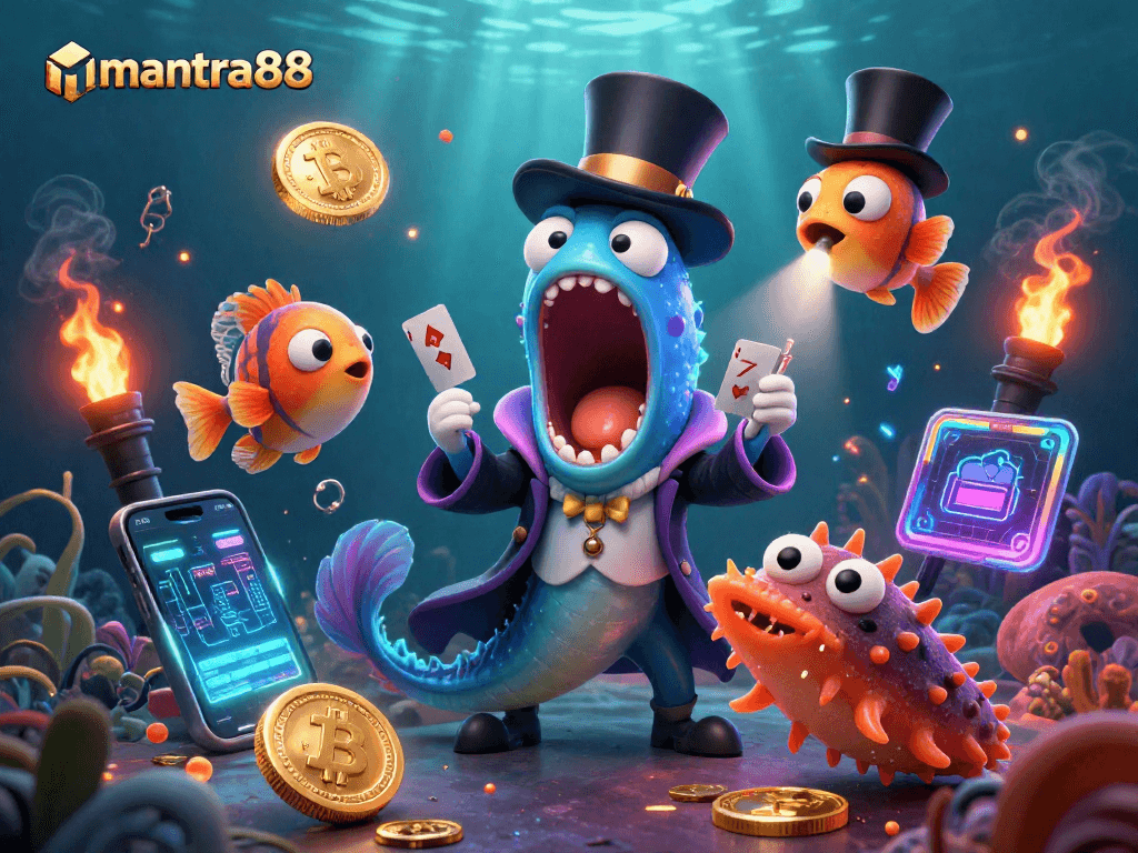 Experience thrilling wins at mantra88 with a captivating magic-themed casino illustration featuring vibrant 3D characters and crypto elements.