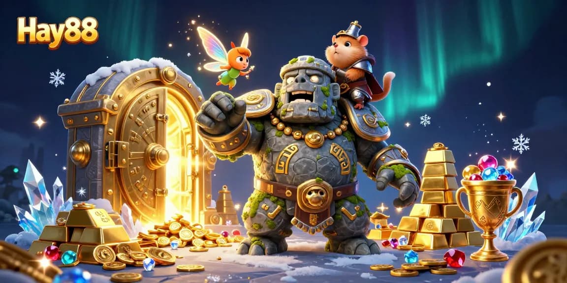 Experience the magic of Hay88 with a thrilling illustration featuring a stone golem guardian, fairy, and hamster knight amidst treasure.