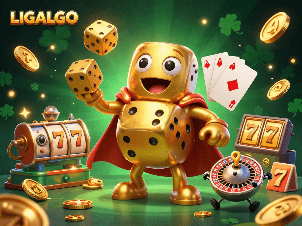 LIGALGO showcases a vibrant casino scene with golden dice, slots, and a roulette companion, perfect for online betting.