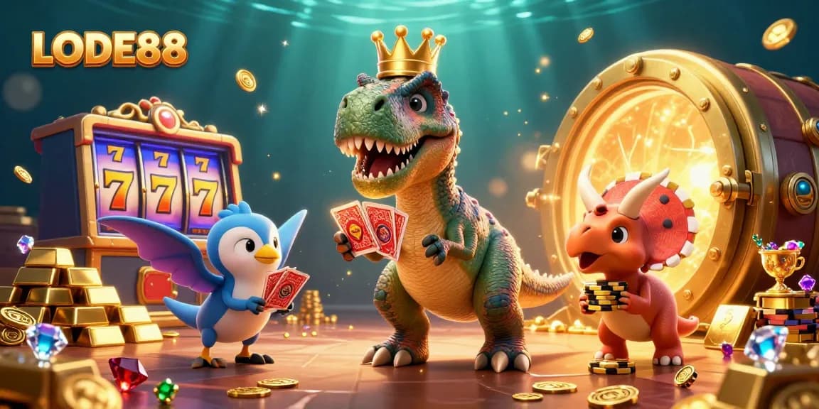 Experience LODE88's vibrant online casino world with a T-Rex shuffling cards and a baby triceratops stacking chips.
