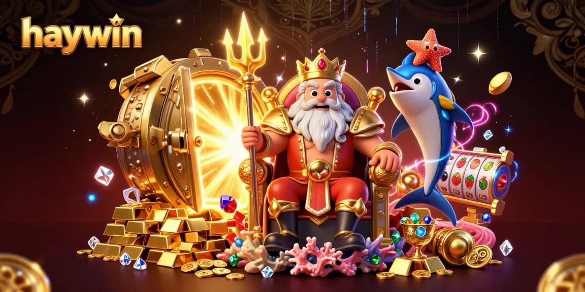 Experience the vibrant world of haywin with Neptune and treasures in an exciting casino-themed illustration.