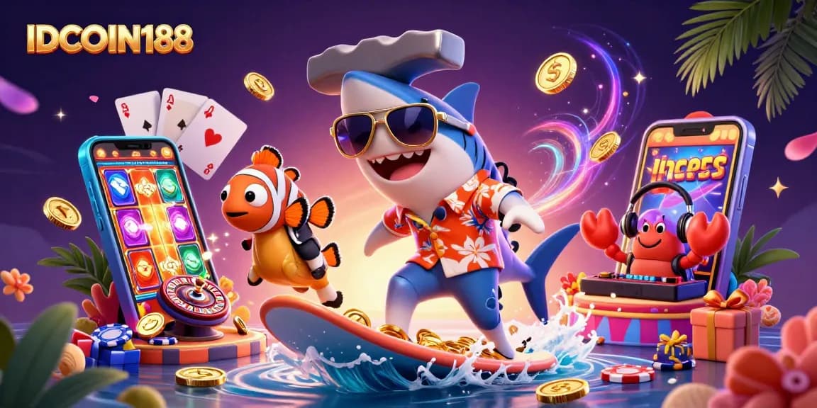 IDCOIN188 engages players in a thrilling casino adventure, featuring vibrant characters and casino elements.