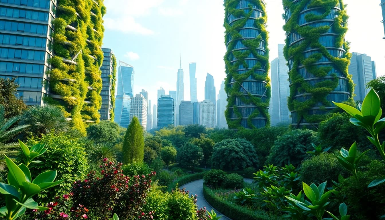 Bezoekers genieten van natuur en technologie op xardin.nl met een groen stadslandschap.