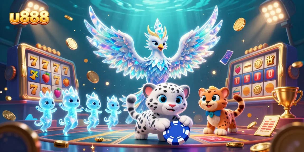 Experience winning thrills at u888 with a vibrant 3D casino illustration showcasing unique characters and elements.