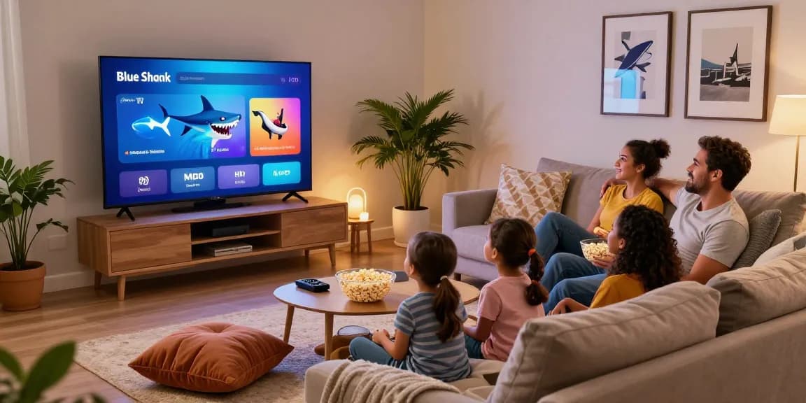 Enjoying family movie night with Blue Shark IPTV streaming on a cozy living room TV.