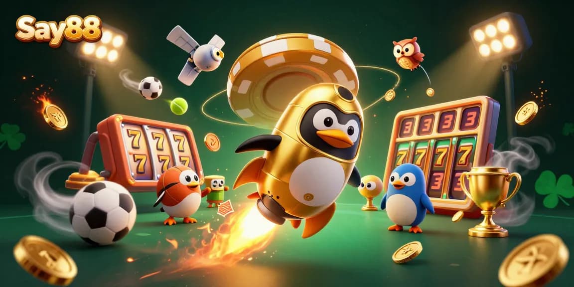 Engage with Say88's thrilling casino experience featuring golden penguins and jackpot elements.
