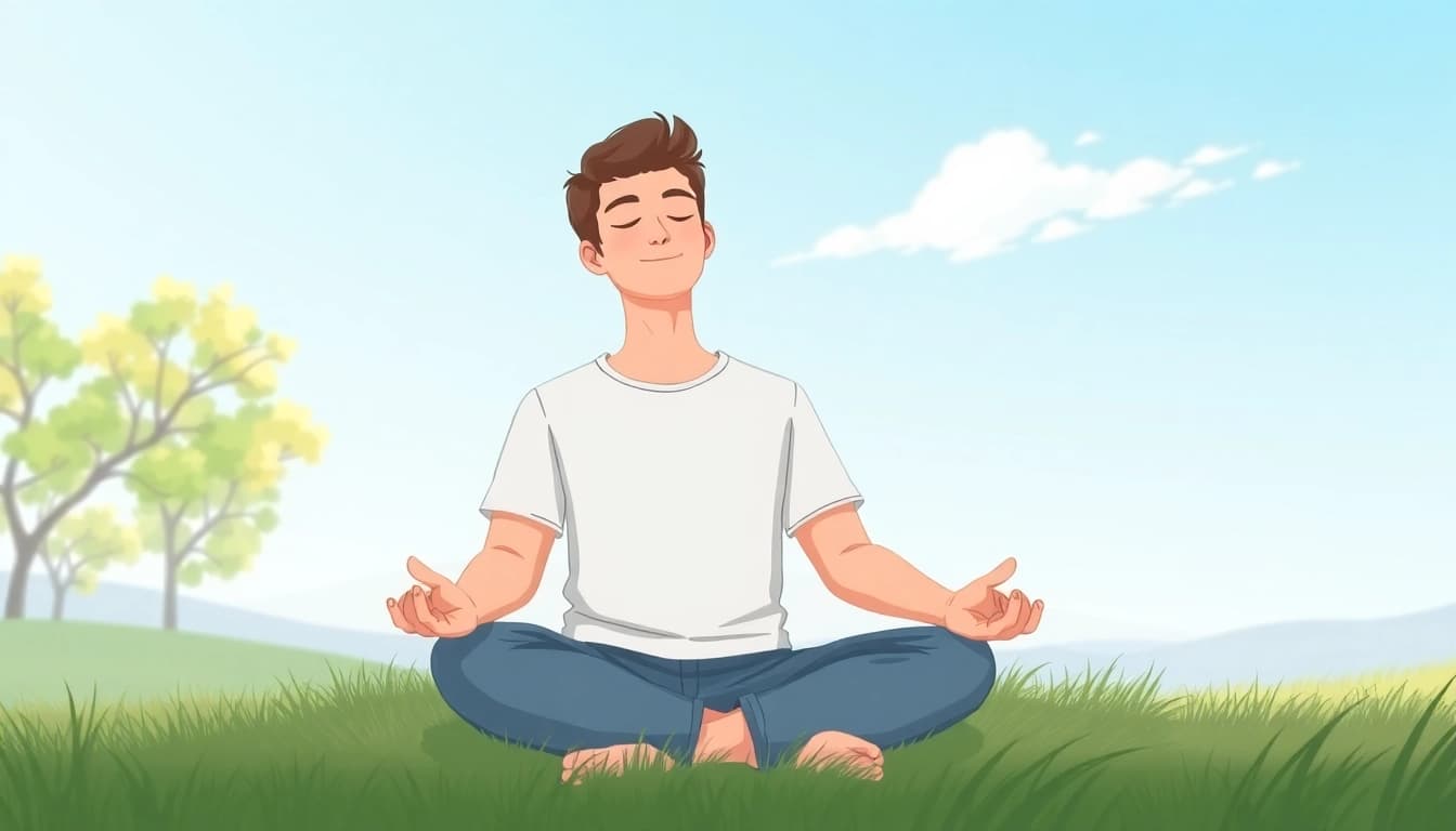 Practicing square breathing technique for relaxation in a tranquil outdoor setting.