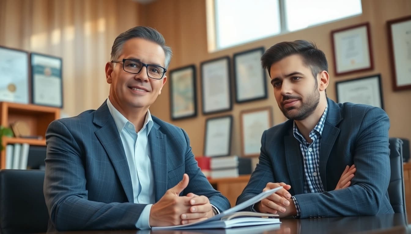 Bridgeport Criminal Defense Lawyer discussing case strategies with a client in an office.