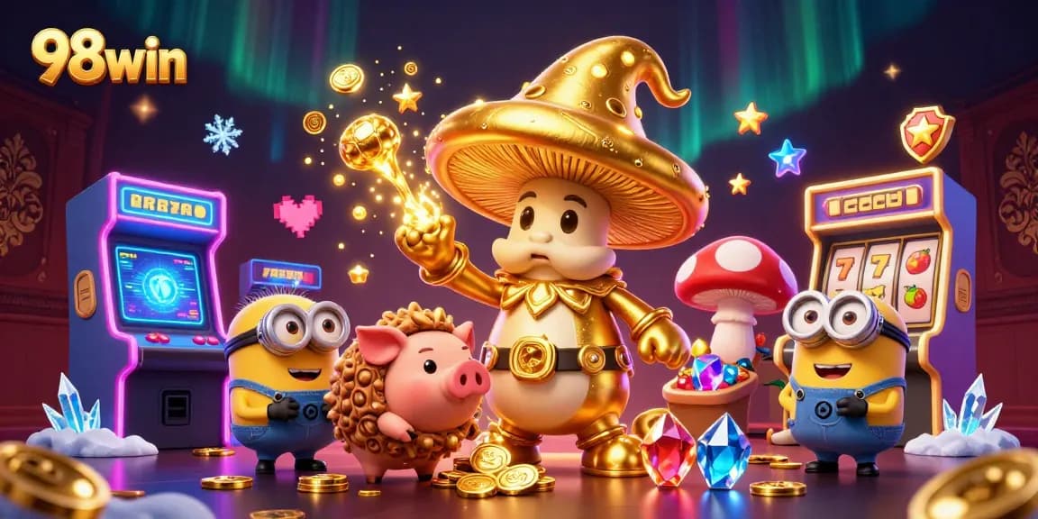 Engage with 98win's vibrant 3D casino scene showcasing magical elements and slot excitement.