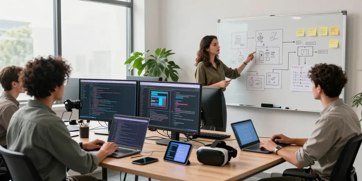 Build internal tools with AI in an innovative workspace, showcasing a team collaborating with technology and digital interfaces.