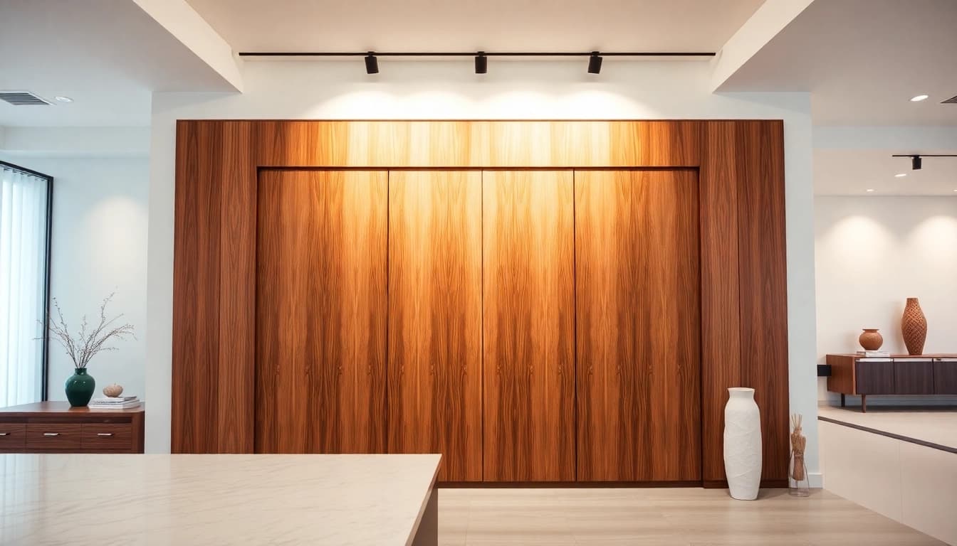 Showcase surfacing solutions with stylish wooden panels in a modern setting highlighted by elegant lighting.