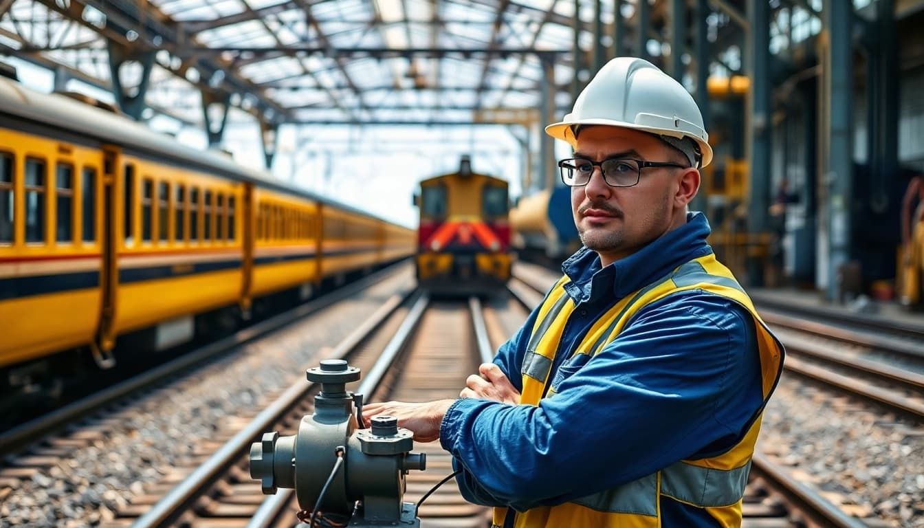 Rail jobs showcased through a dedicated railway worker inspecting equipment in a vibrant environment.