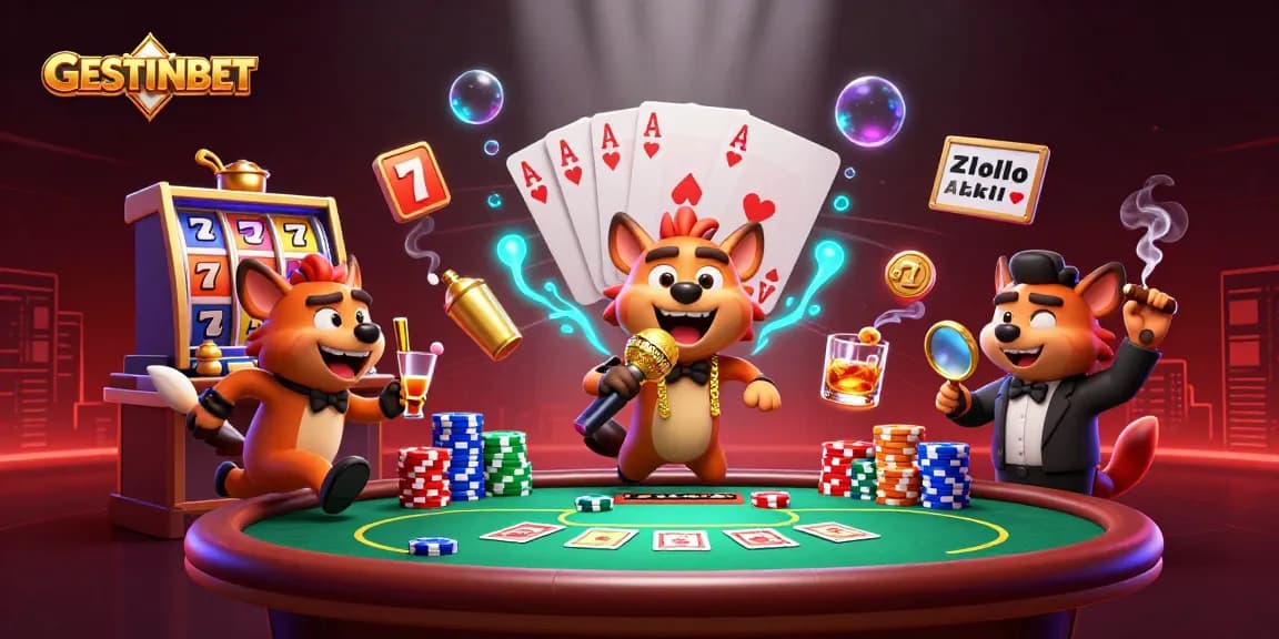 Experience the thrill of GESTUNBET with hyenas in a vibrant cartoon casino scene.