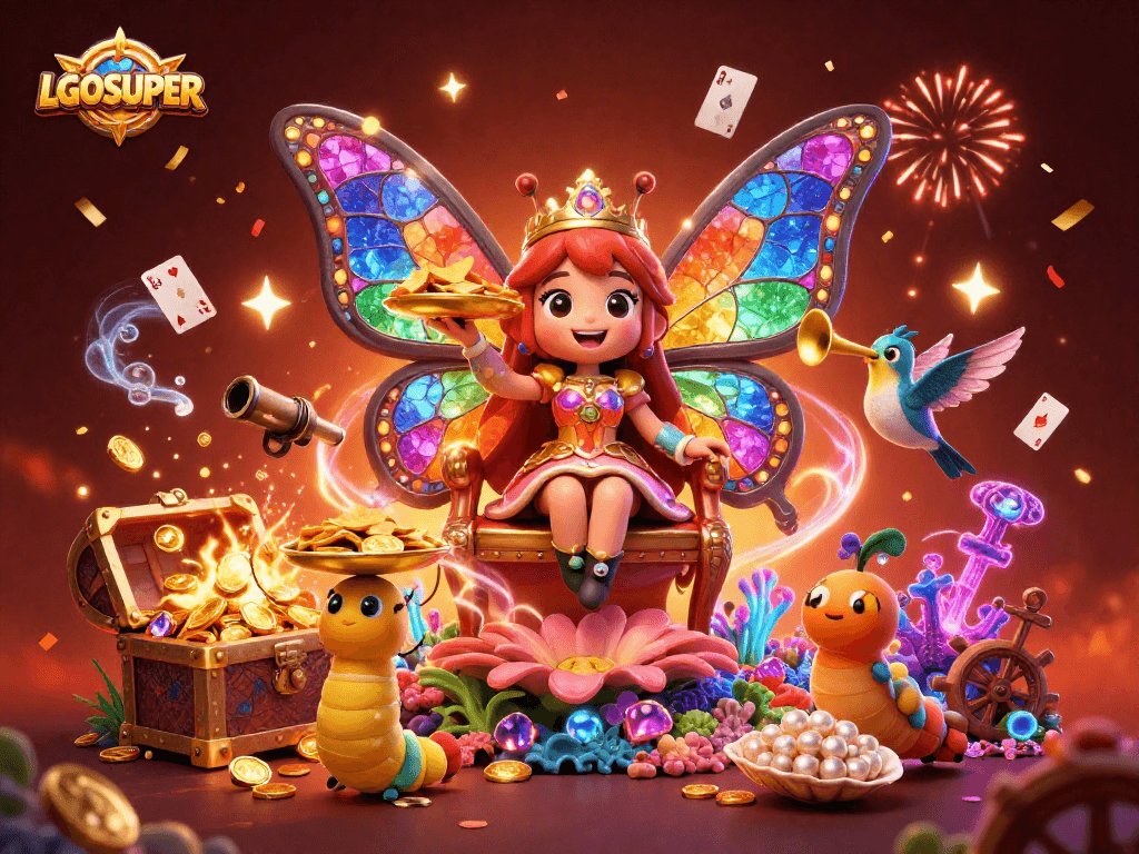 Experience the excitement of LGOSUPER with a vibrant casino-themed 3D illustration filled with games.