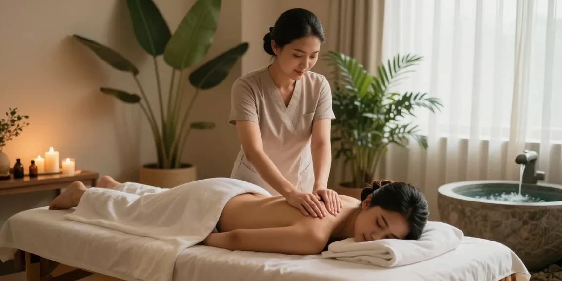 마사지 서비스 중인 전문 마사지사의 모습과 아로마 테라피 환경