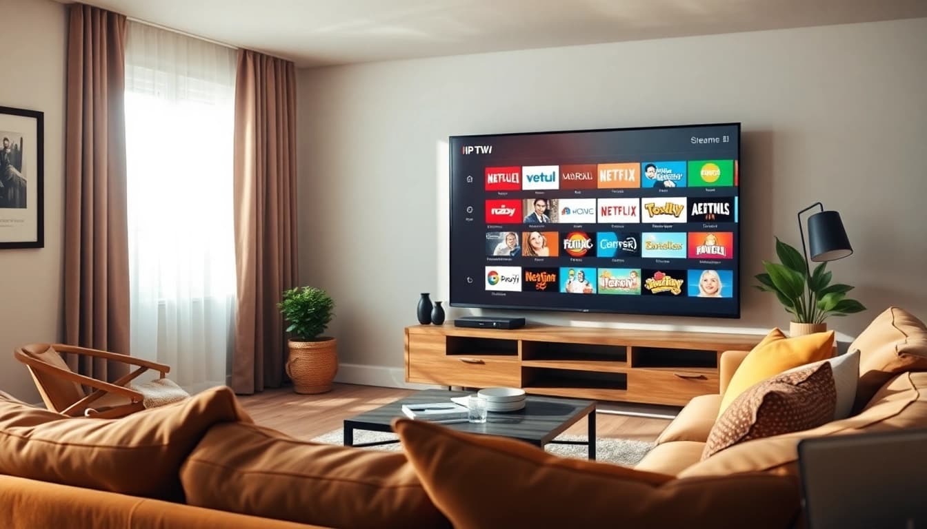 Experience free trial iptv options with a cozy living room setup and a wide-screen display.