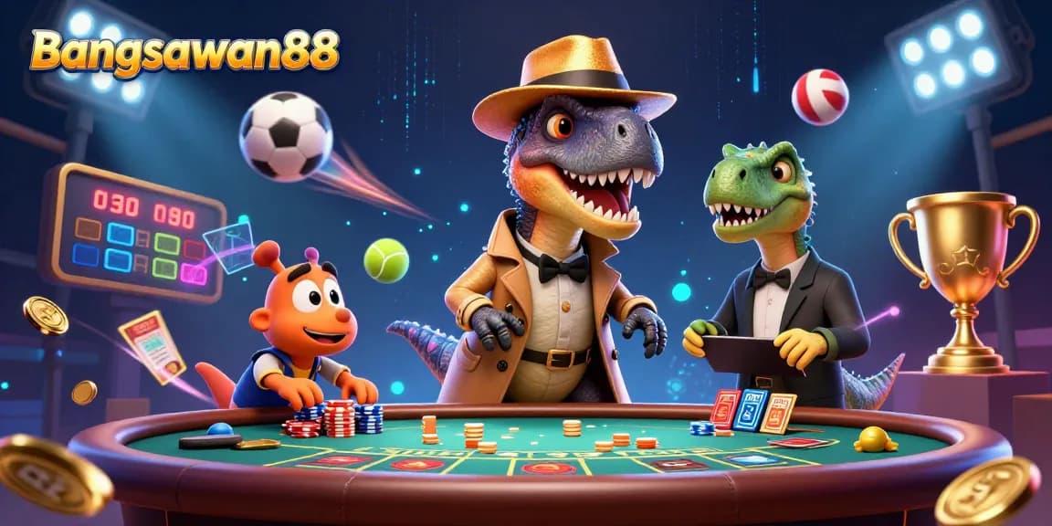 Bangsawan88 showcases a playful casino scene with a velociraptor card counter and a stegosaurus pit boss.