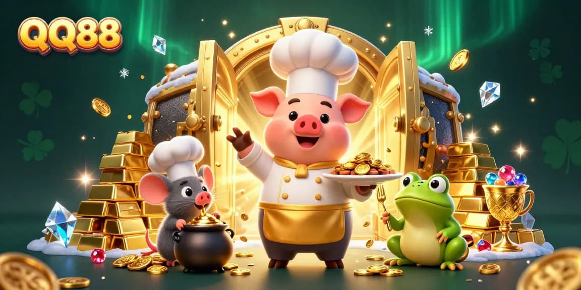Experience the thrill of QQ88 with a gourmet feast of gold coins, featuring lively casino characters.