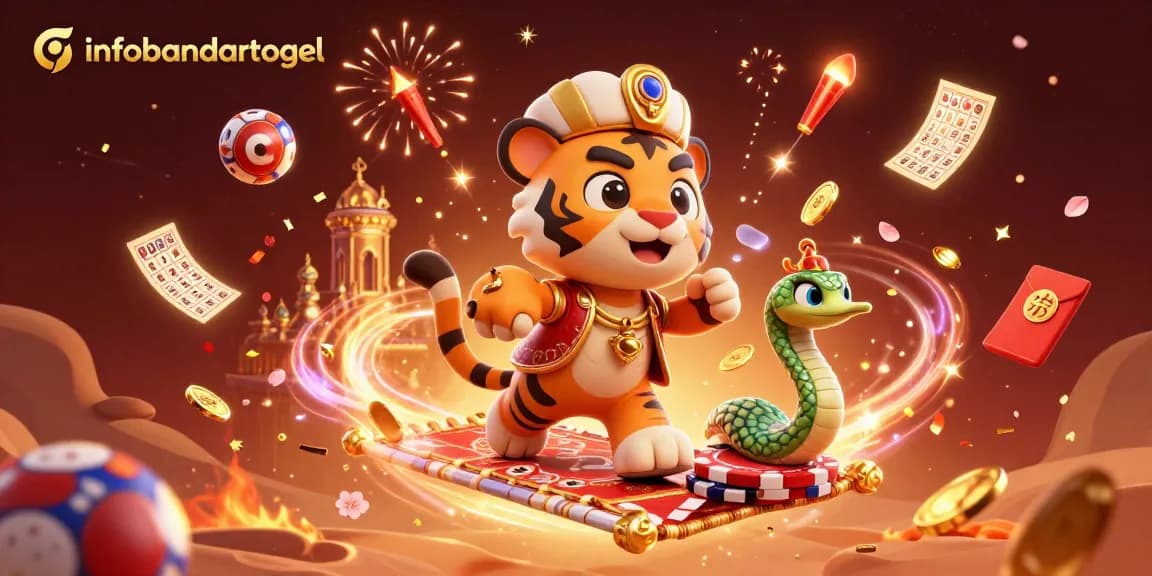 Engage with infobandartogel through an enchanting scene with a tiger sultan and lottery elements.