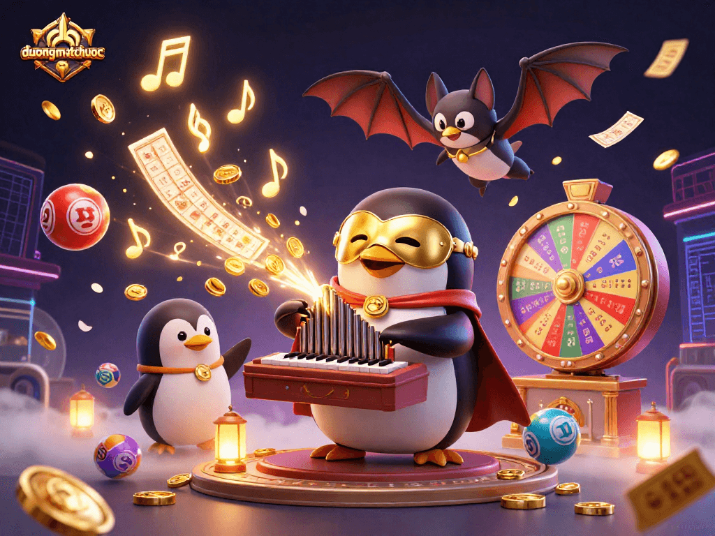 Engage with duongmatchuoc as a cartoon penguin plays organ shooting golden coins in a vibrant casino scene.