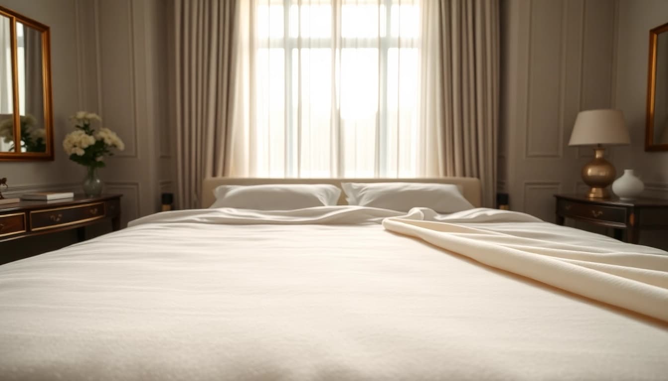 Geniet van een luxe Molton stof die elegant op een bed is geplaatst in een serene slaapkamer.