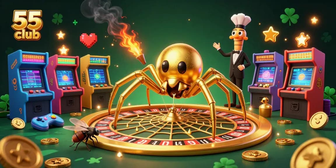 Betting at the 55 club with vibrant casino elements and a golden spider-themed roulette.