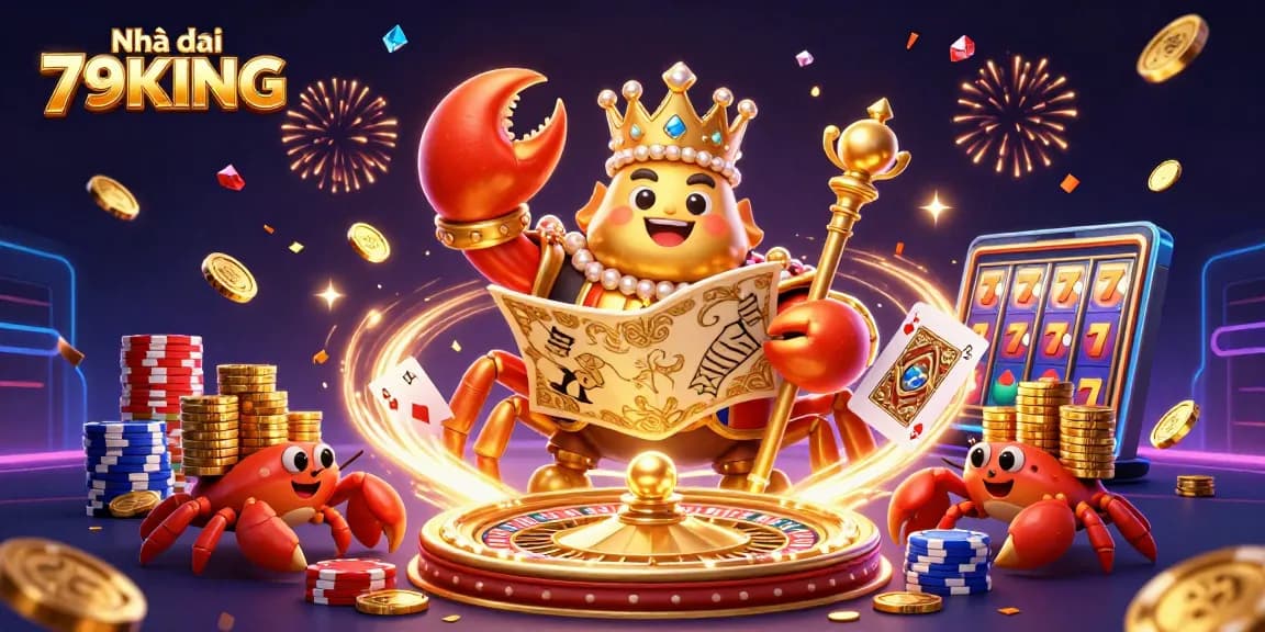 Engage with Nhà cái 79KING through the vibrant world of jackpots, illustrated with a glorious crab emperor.