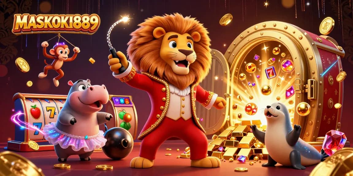 Engage in thrilling games with MASKOKI889 as lively characters surround slot machines and treasures.