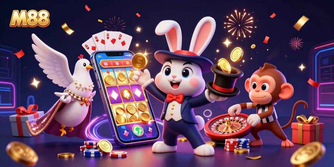 M88's magician rabbit conjuring golden coins, showcasing excitement in online gambling.