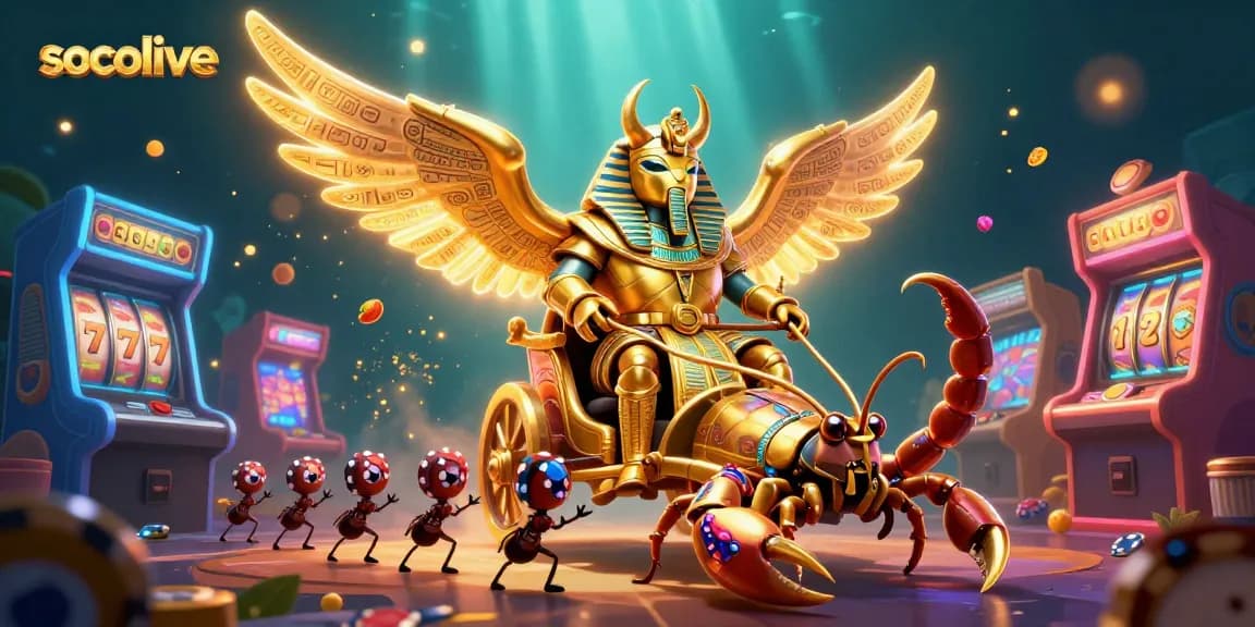 Socolive platform showcases a vibrant 3D casino scene with a dazzling scarab beetle and dynamic slots.