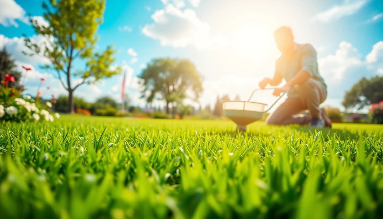 Applying lawn fertiliser Australia in a vibrant garden with lush grass.