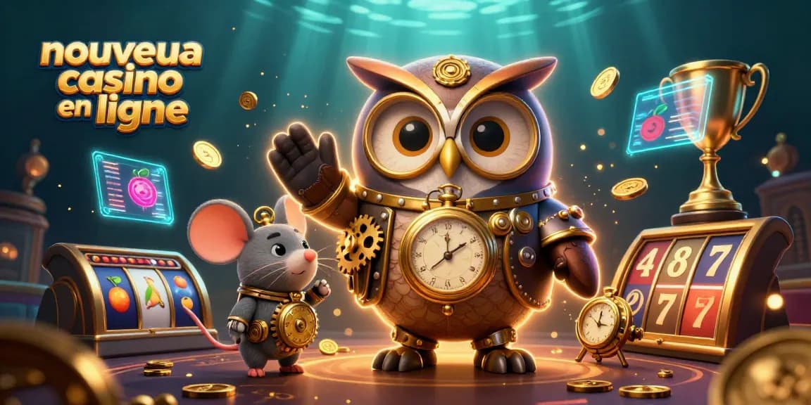 Illustration dynamique de nouveau casino en ligne avec un hibou voyageur et des éléments de machine à sous.