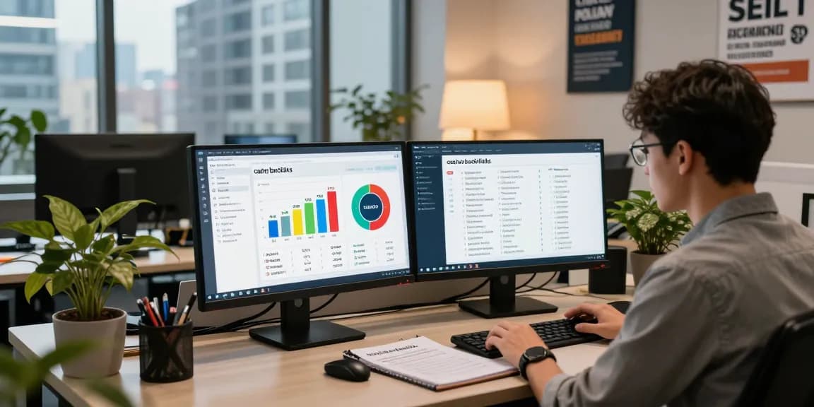 Data analyst strategizing casino backlinks by country in a modern office, showcasing marketing analytics.
