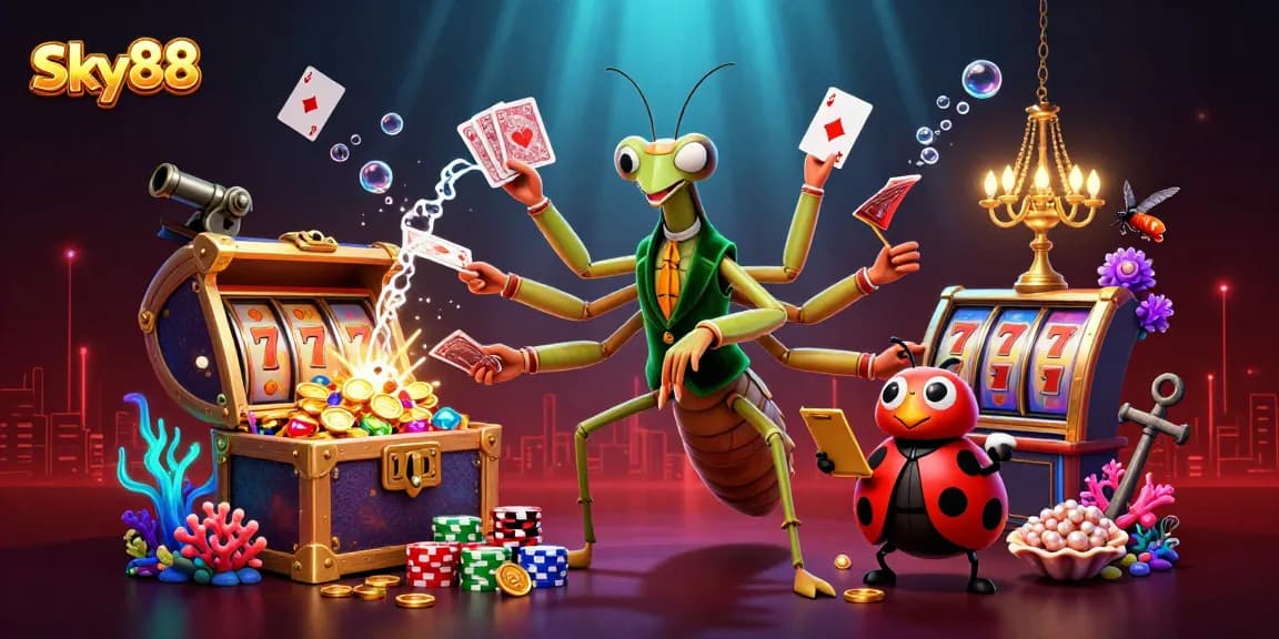 Sky88's vibrant casino illustration features a mantis card sharp, ladybug pit boss, and exciting game elements.