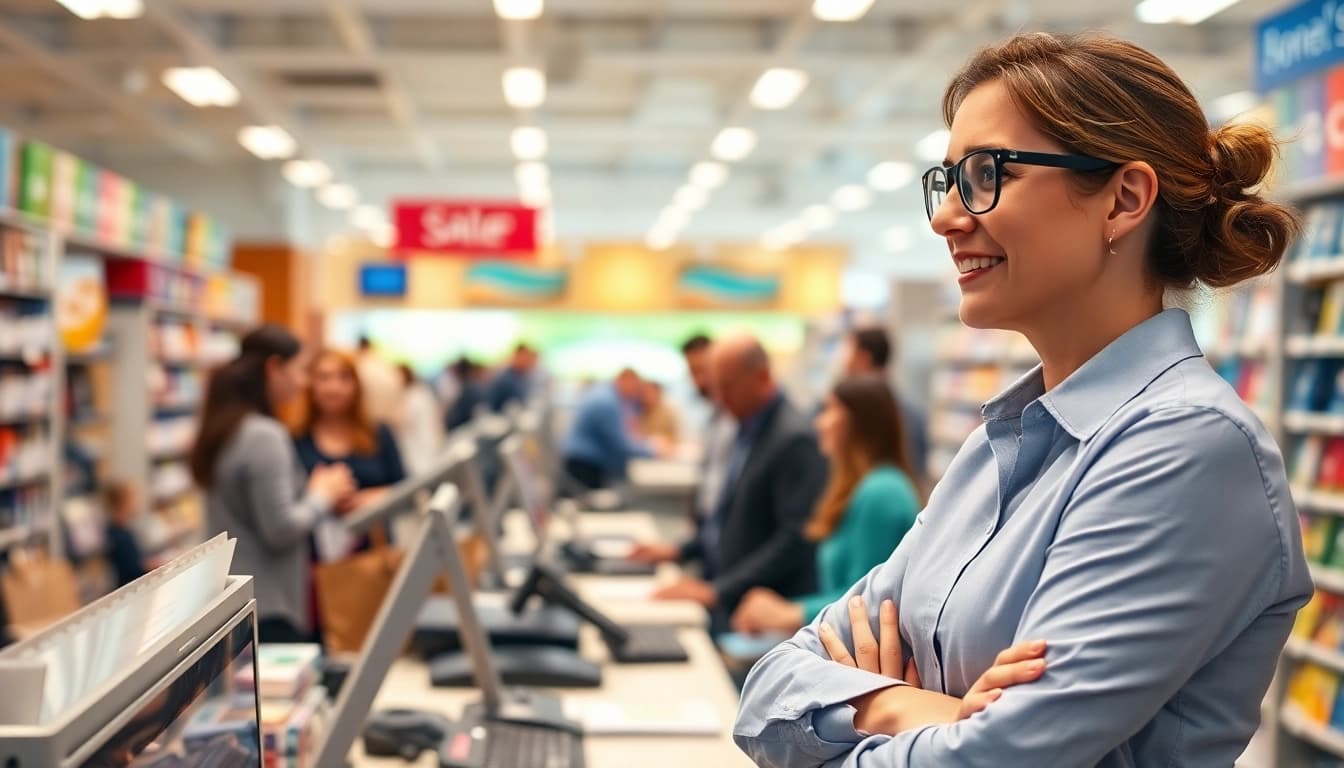 Assistant manager collaborating with team members in a retail setting, overseeing operations effectively.