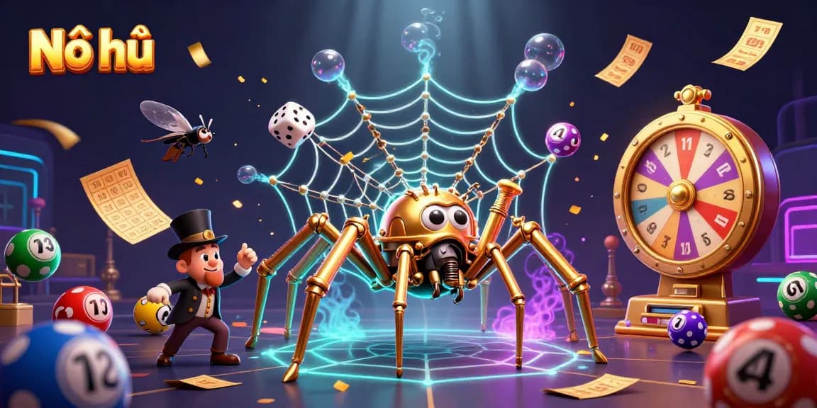 Nổ hũ gaming scene featuring a steampunk spider trap with vibrant lottery elements