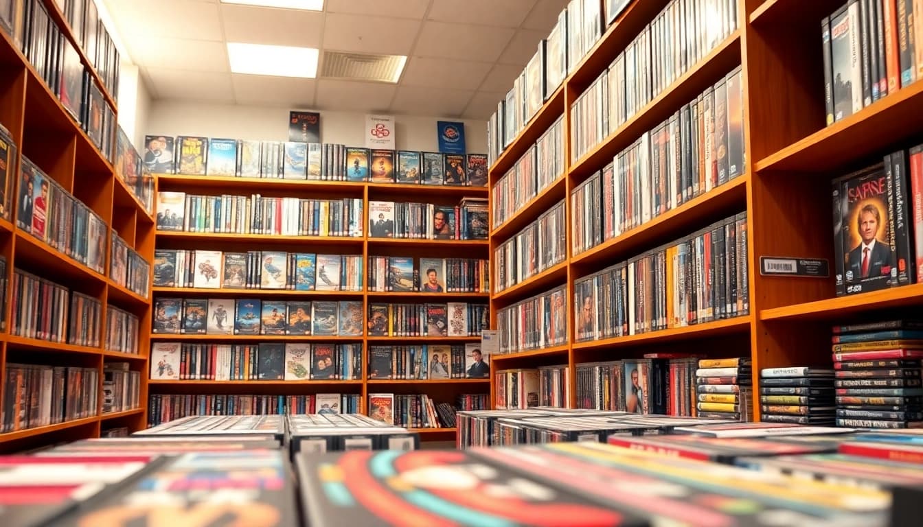 Browse a vibrant collection of wholesale dvds displayed on organized shelves.