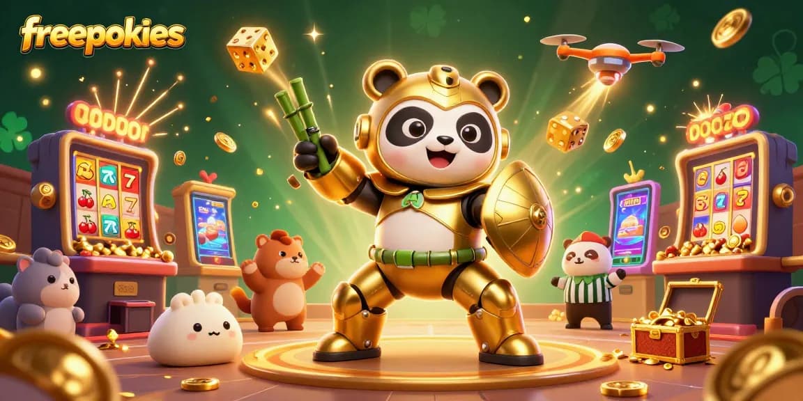 Spin the reels of freepokies in an exhilarating 3D casino illustration with vibrant characters and elements.
