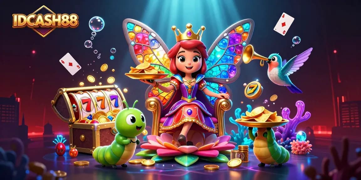 Spin the reels with IDCASH88 in this enchanting 3D illustration of a butterfly queen, gold coins, and slot games.