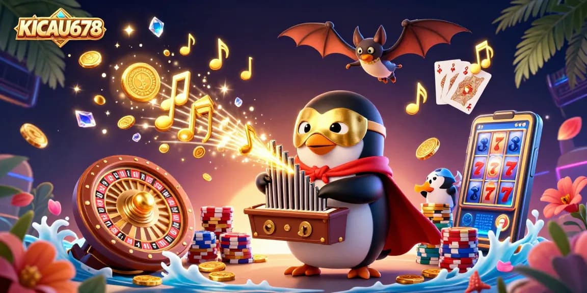 KICAU678 gaming excitement with a phantom penguin organist and acrobatic bat amidst golden riches.
