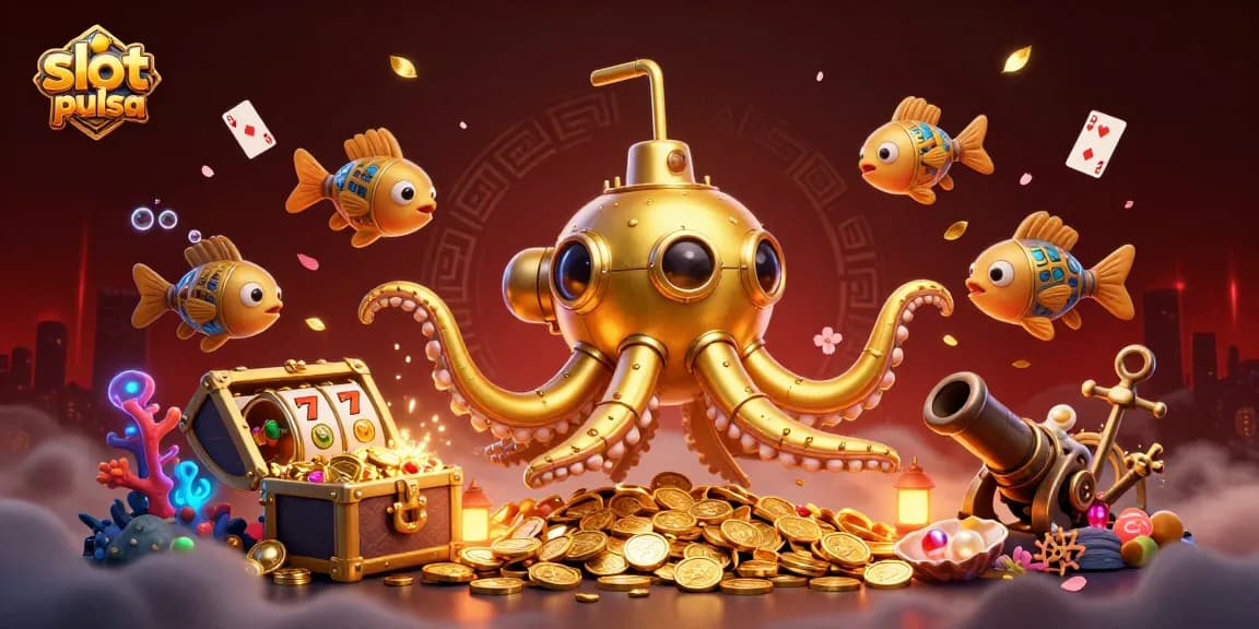 Engaging scene of slot pulsa themed underwater adventure with golden kraken and mechanical fish.