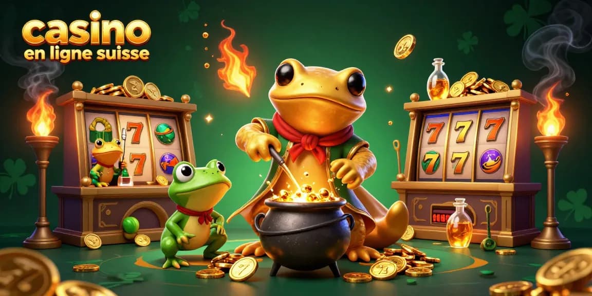 Illustration captivante de casino en ligne suisse avec un alchimiste et des éléments de jeu animés.