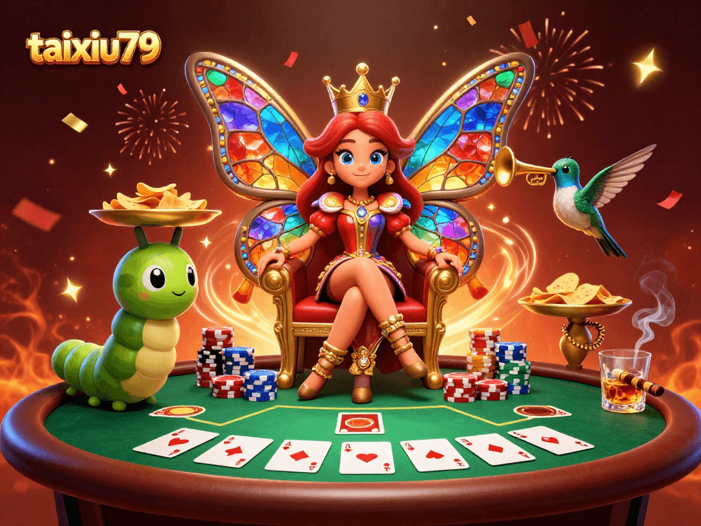 Join the excitement of taixiu79 as the butterfly queen presides over a vibrant casino scene filled with poker action.