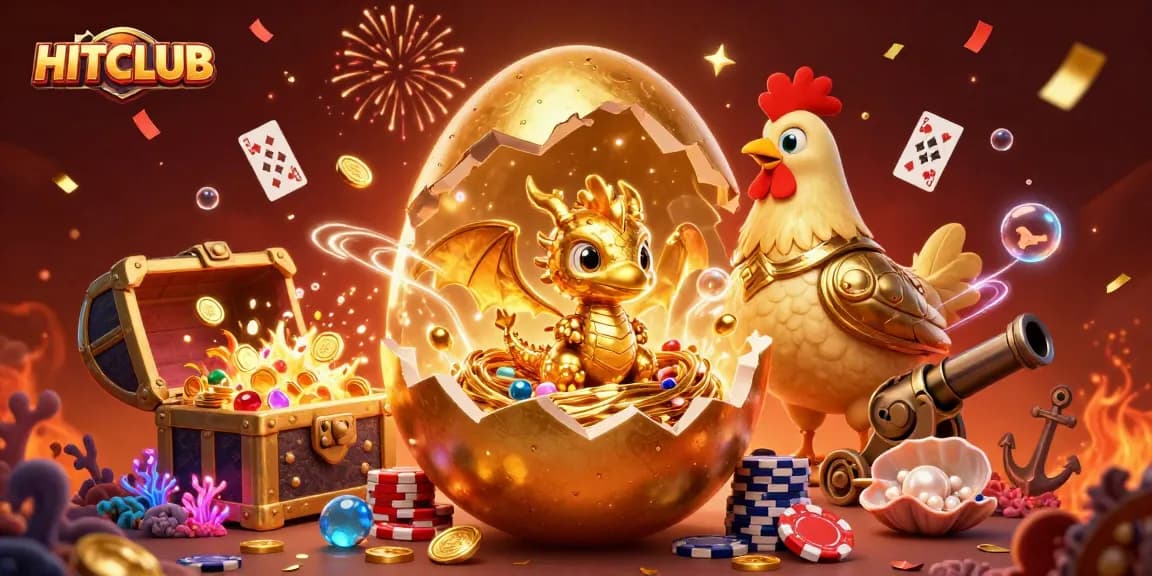 Experience HITCLUB action with a golden dragon amidst poker chips and festive gems.