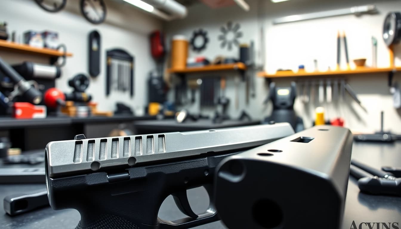 Showcasing high-quality OEM Glock slides in a professional workshop with intricate details.